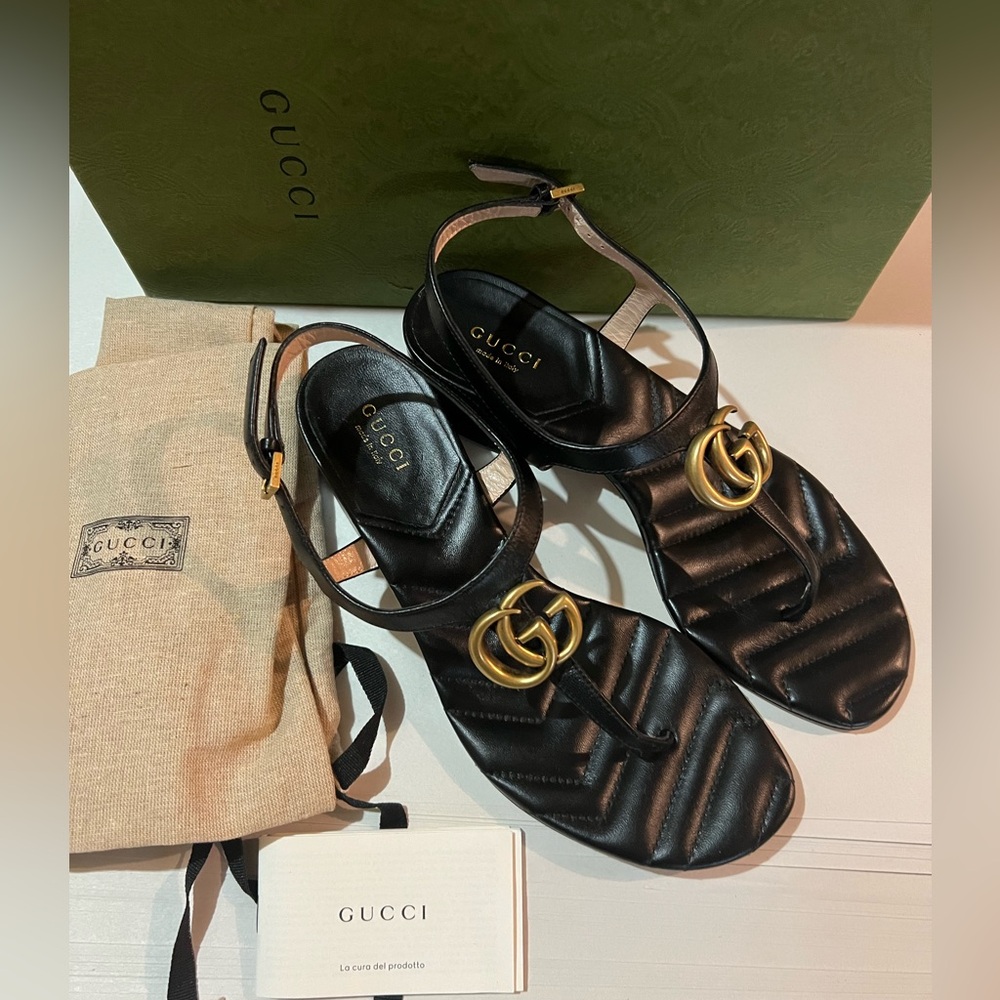 New Gucci GG marmont Double G black leather sandals - Picture 9 of 11